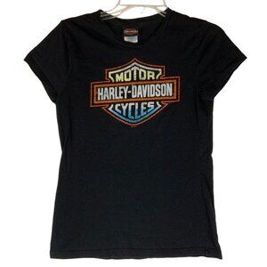 Daytona Beach Harley-Davidson Womens T-Shirt Medium Black Cap Sleeves Bling Logo